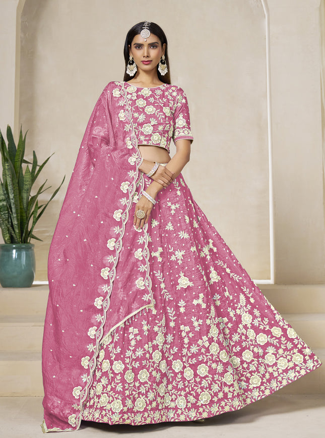 Glamorous Cherry Pink Crush Organza Heavy Embroidered Lehenga Choli Set for Wedding