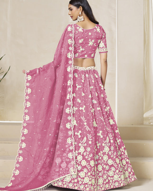 Glamorous Cherry Pink Crush Organza Heavy Embroidered Lehenga Choli Set for Wedding