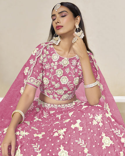 Glamorous Cherry Pink Crush Organza Heavy Embroidered Lehenga Choli Set for Wedding