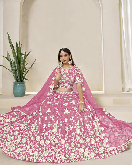 Glamorous Cherry Pink Crush Organza Heavy Embroidered Lehenga Choli Set for Wedding