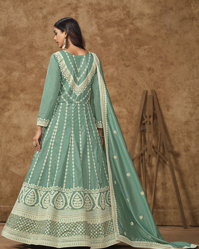 mint blue dola silk embroidered gown with dupatta