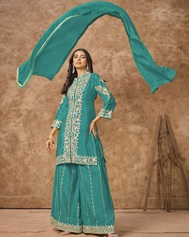 firozi chinnon silk embroidered palazzo kameez