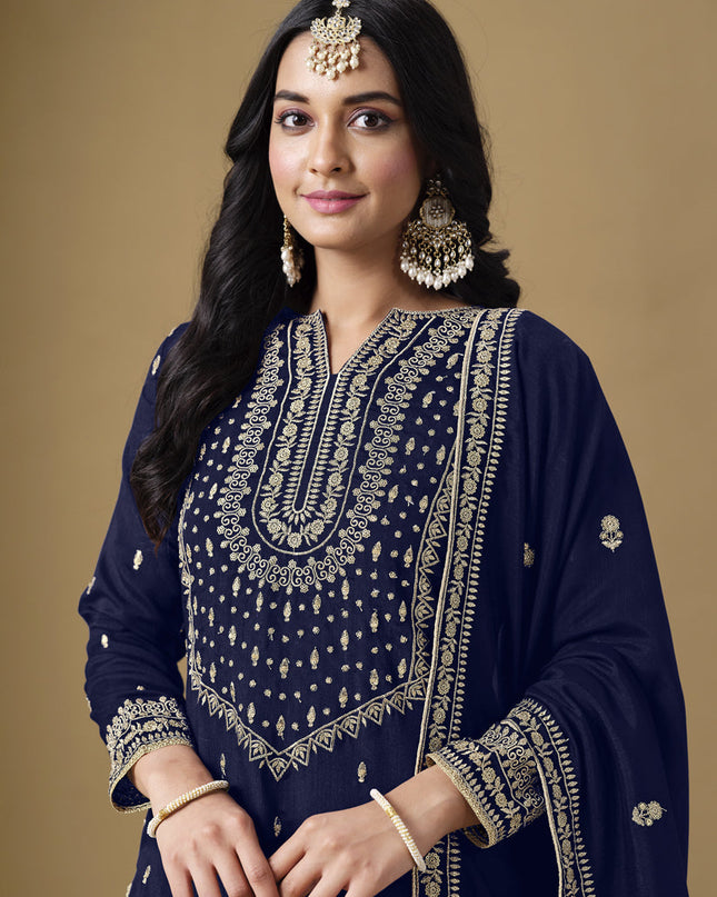 navy blue art silk readymade embroidered sarara kameez