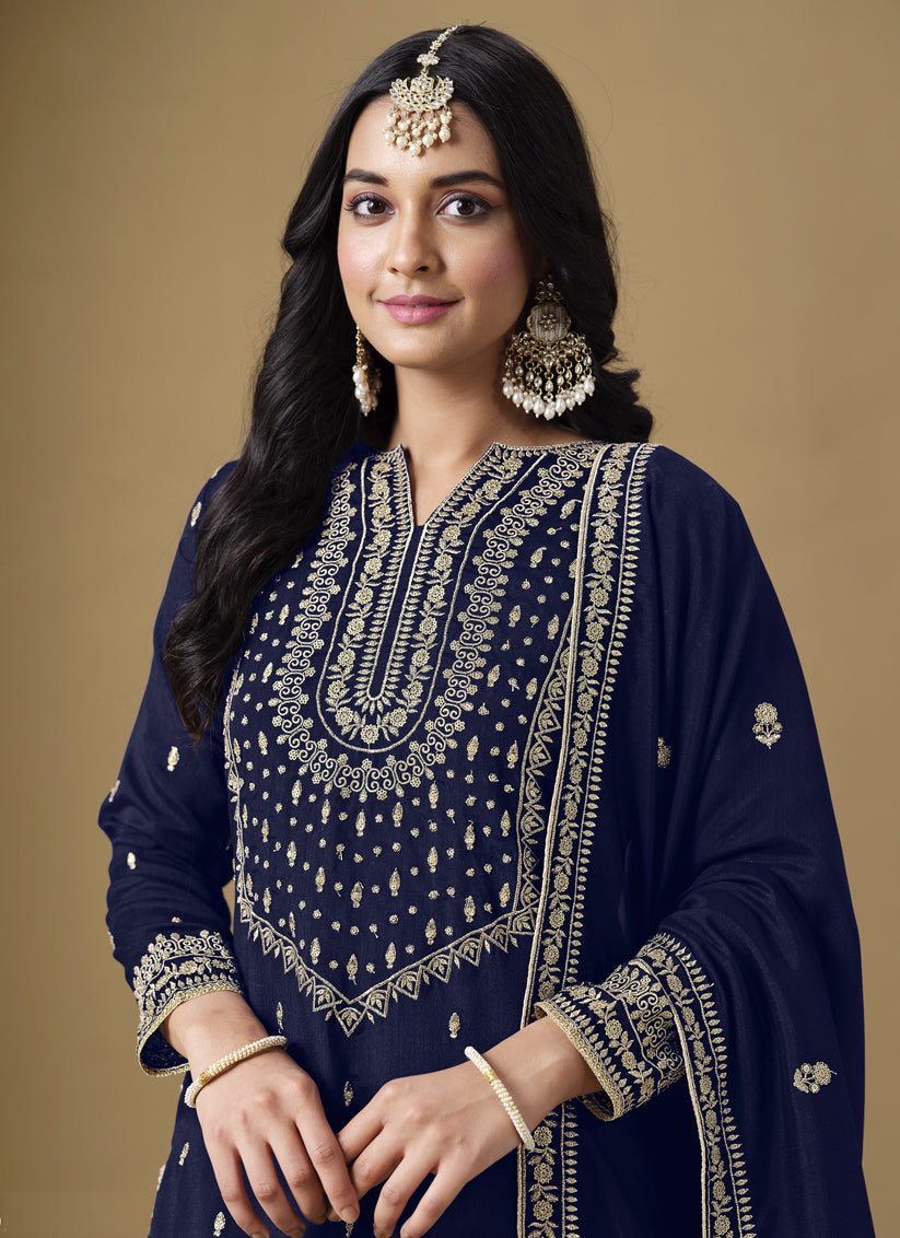 navy blue art silk readymade embroidered sarara kameez