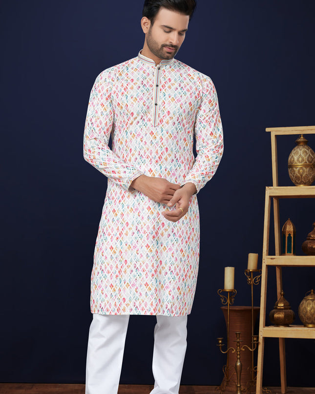 White Cotton Mens Kurta Pajama Set