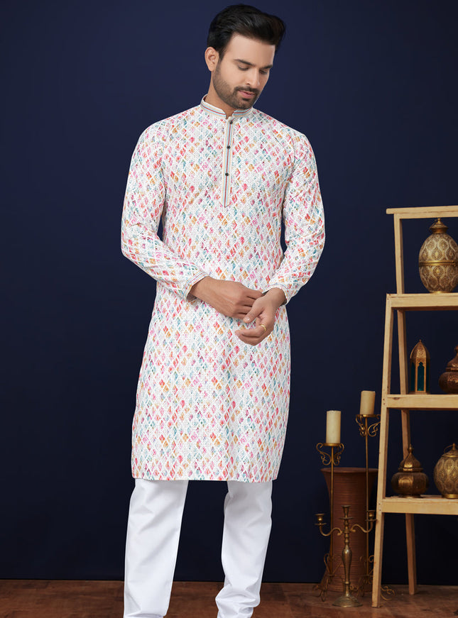 White Cotton Mens Kurta Pajama Set