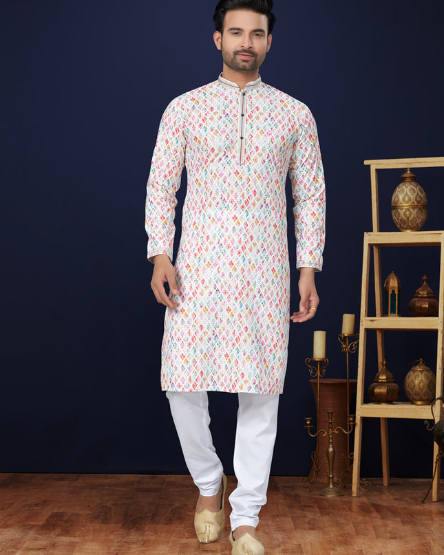 White Cotton Mens Kurta Pajama Set