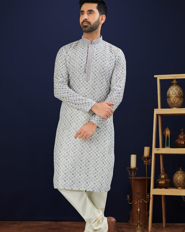 Grey Cotton Mens Kurta Pajama Set