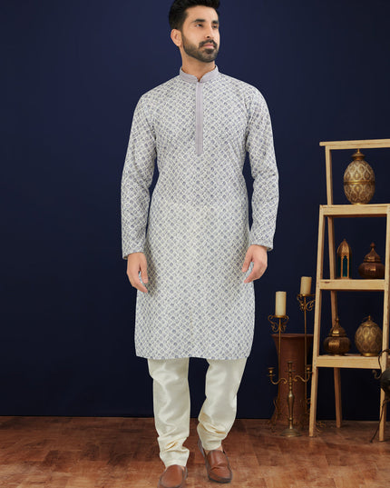 Grey Cotton Mens Kurta Pajama Set
