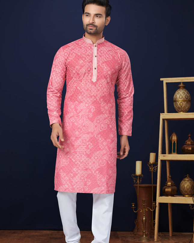 Coral Pink Cotton Mens Kurta Pajama Set