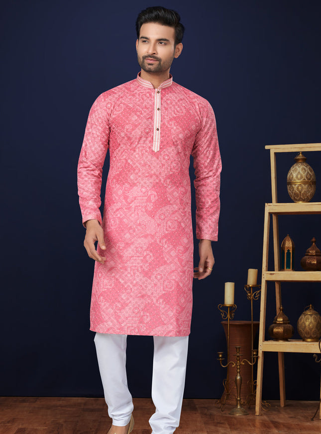 Coral Pink Cotton Mens Kurta Pajama Set