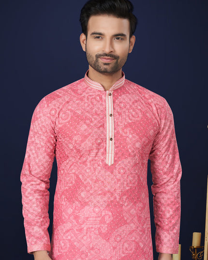 Coral Pink Cotton Mens Kurta Pajama Set