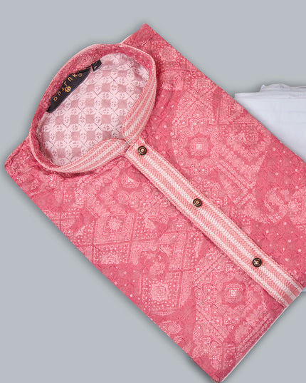 Coral Pink Cotton Mens Kurta Pajama Set