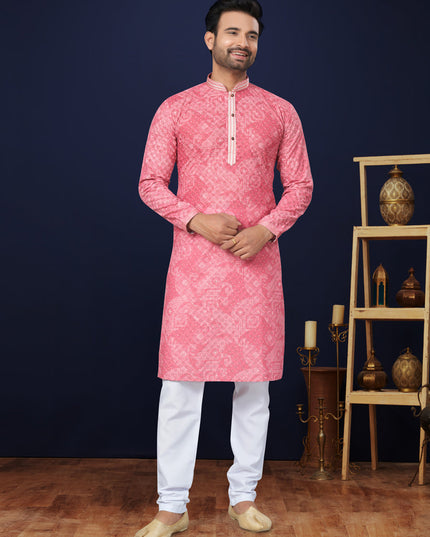 Coral Pink Cotton Mens Kurta Pajama Set