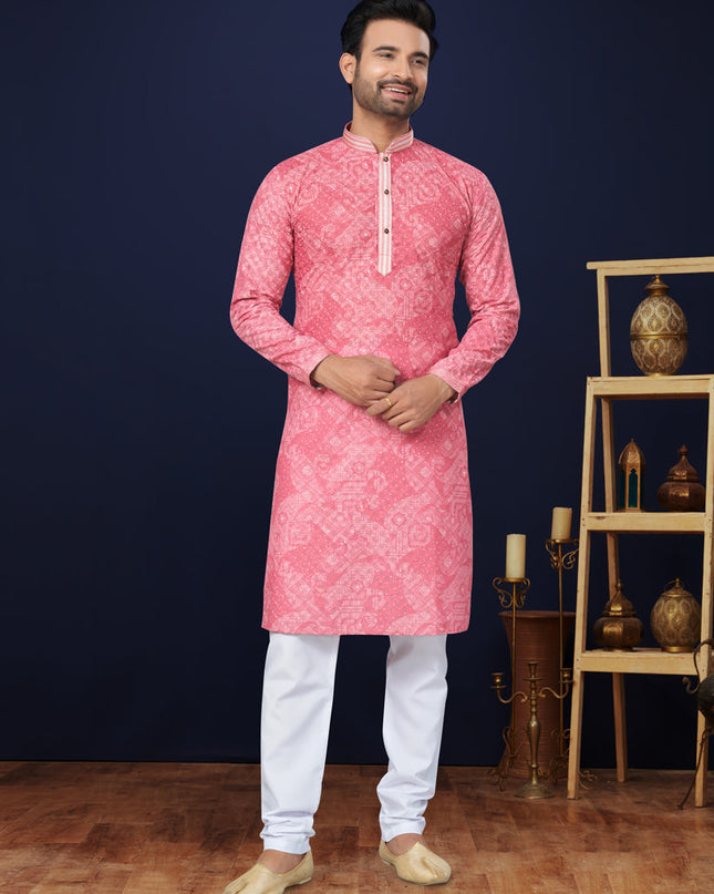 Coral Pink Cotton Mens Kurta Pajama Set