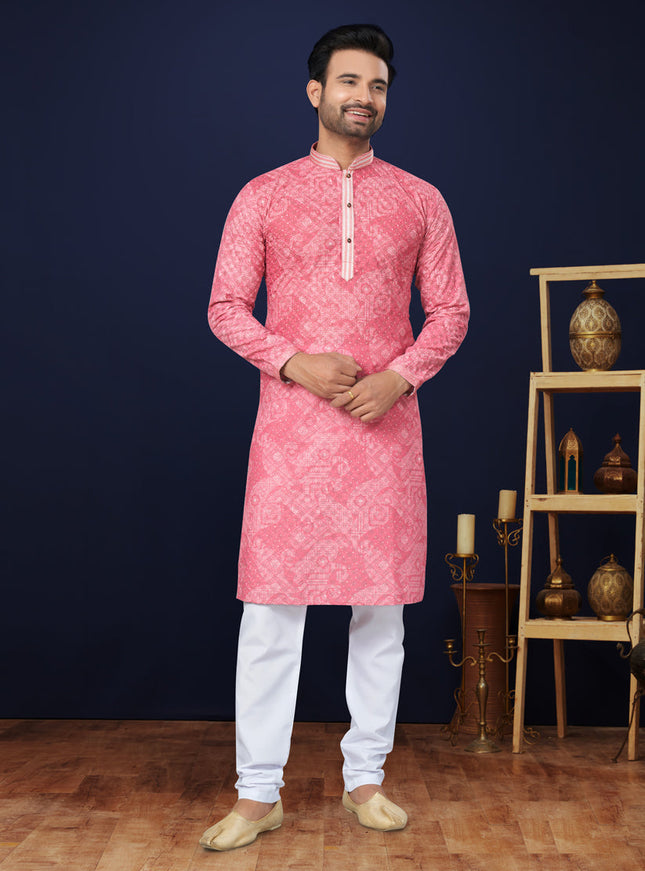 Coral Pink Cotton Mens Kurta Pajama Set