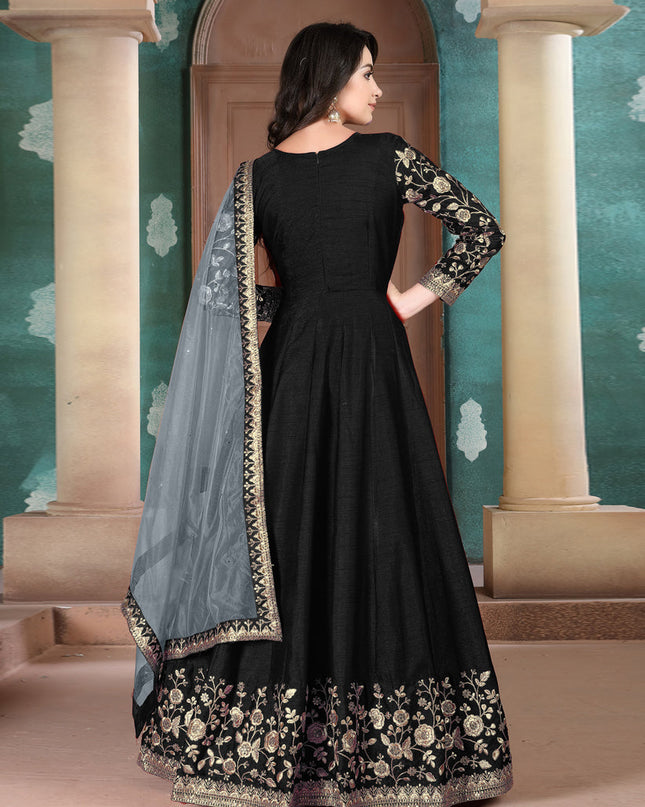 Trendsetting Black Silk Slub Embroidered Anarkali Suit
