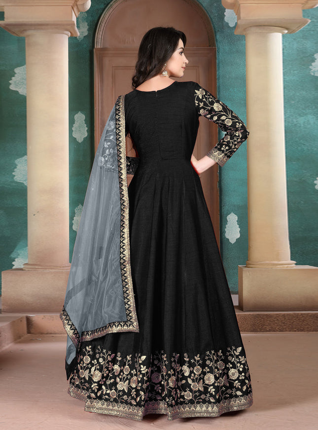 Trendsetting Black Silk Slub Embroidered Anarkali Suit