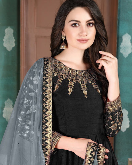 Trendsetting Black Silk Slub Embroidered Anarkali Suit