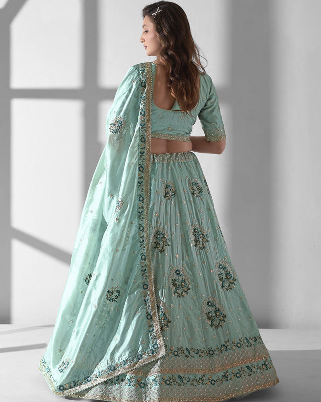 Mint Blue Organza Embroidered Designer Lehenga Choli