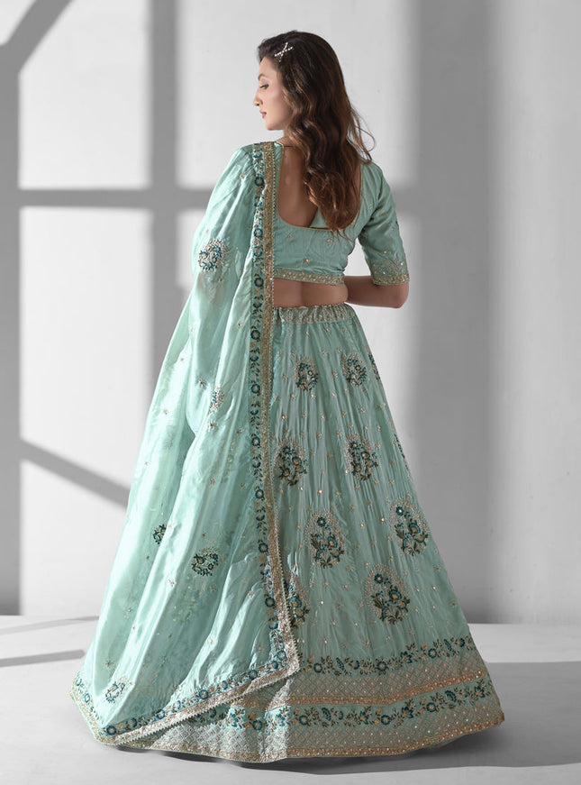 Mint Blue Organza Embroidered Designer Lehenga Choli