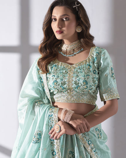 Mint Blue Organza Embroidered Designer Lehenga Choli