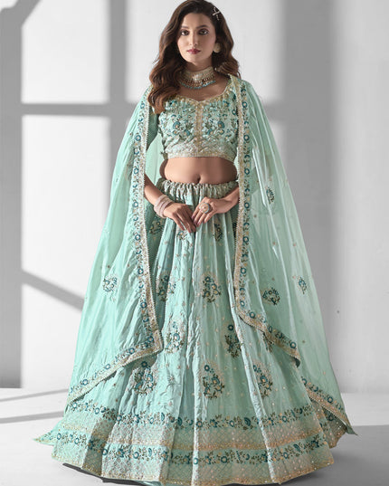Mint Blue Organza Embroidered Designer Lehenga Choli