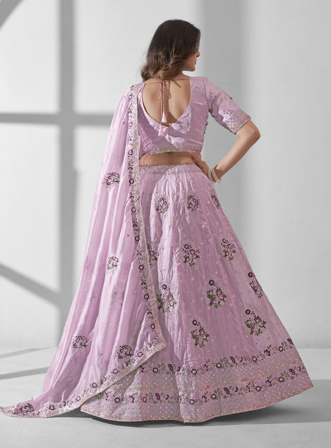 Lilac Pink Organza Embroidered Designer Lehenga Choli