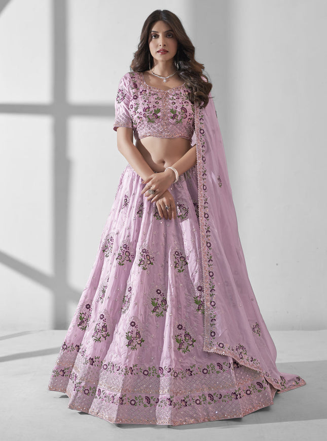 Lilac Pink Organza Embroidered Designer Lehenga Choli