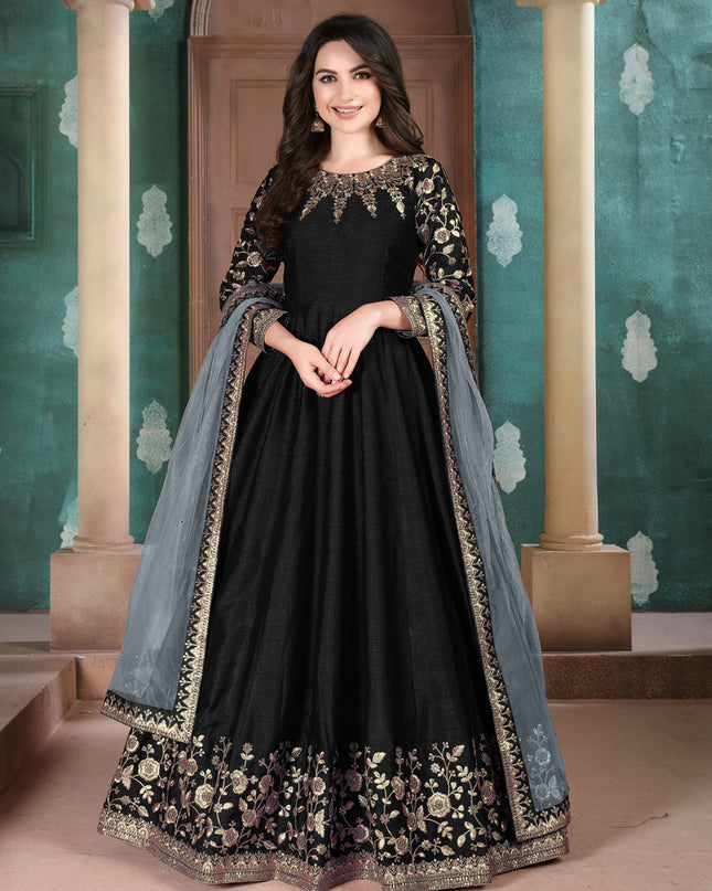 Trendsetting Black Silk Slub Embroidered Anarkali Suit