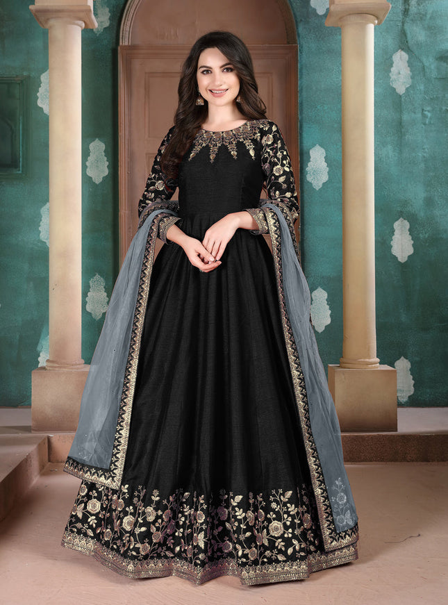 Trendsetting Black Silk Slub Embroidered Anarkali Suit