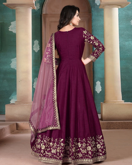 Luxurious Wine Silk Slub Embroidered Anarkali Suit