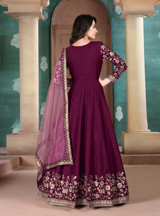Luxurious Wine Silk Slub Embroidered Anarkali Suit