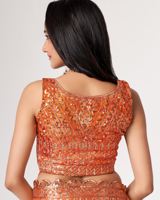 Adorable Tangy Orange Organza Sequins Saree