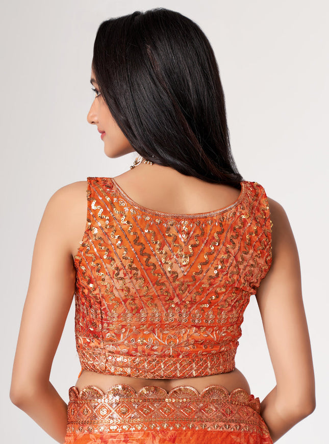 Adorable Tangy Orange Organza Sequins Saree