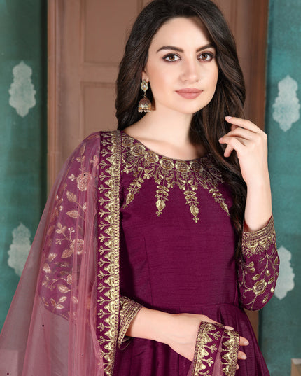 Luxurious Wine Silk Slub Embroidered Anarkali Suit