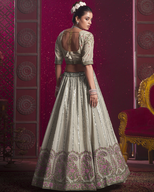 Ash Grey Silk Embroidered Wedding Lehenga Choli