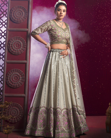 Ash Grey Silk Embroidered Wedding Lehenga Choli