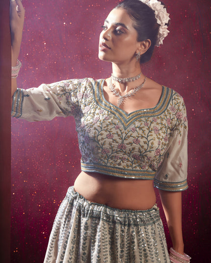 Ash Grey Silk Embroidered Wedding Lehenga Choli