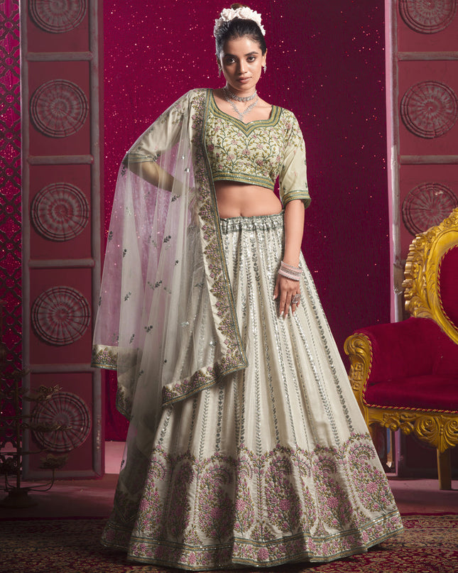 Ash Grey Silk Embroidered Wedding Lehenga Choli