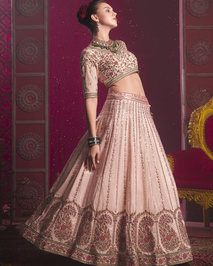 Blush Peach Silk Embroidered Wedding Lehenga Choli