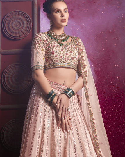 Blush Peach Silk Embroidered Wedding Lehenga Choli