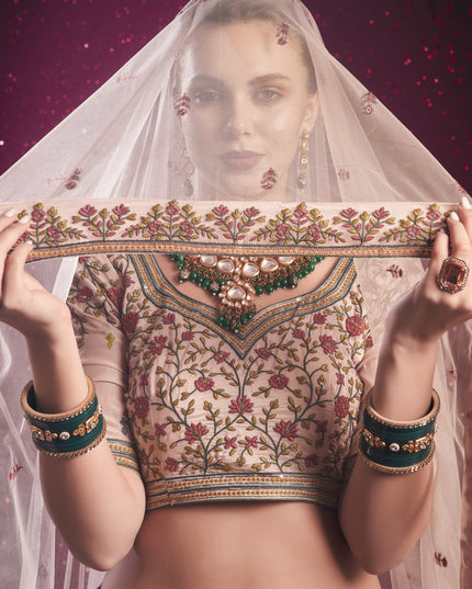Blush Peach Silk Embroidered Wedding Lehenga Choli