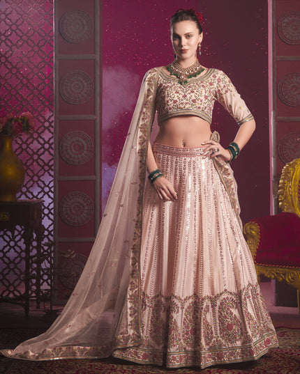 Blush Peach Silk Embroidered Wedding Lehenga Choli