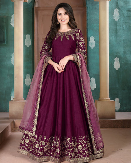 Luxurious Wine Silk Slub Embroidered Anarkali Suit