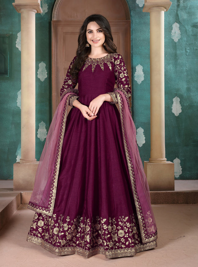 Luxurious Wine Silk Slub Embroidered Anarkali Suit