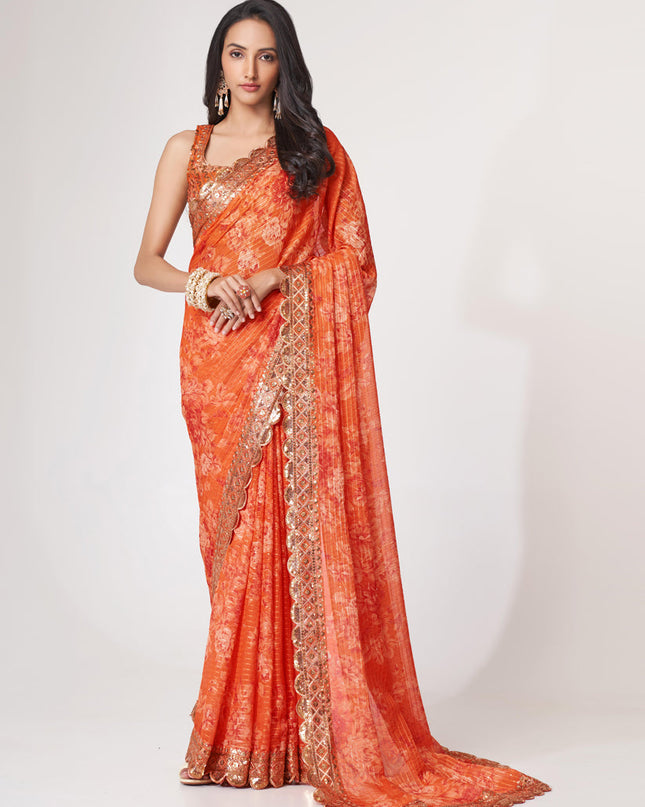 Adorable Tangy Orange Organza Sequins Saree