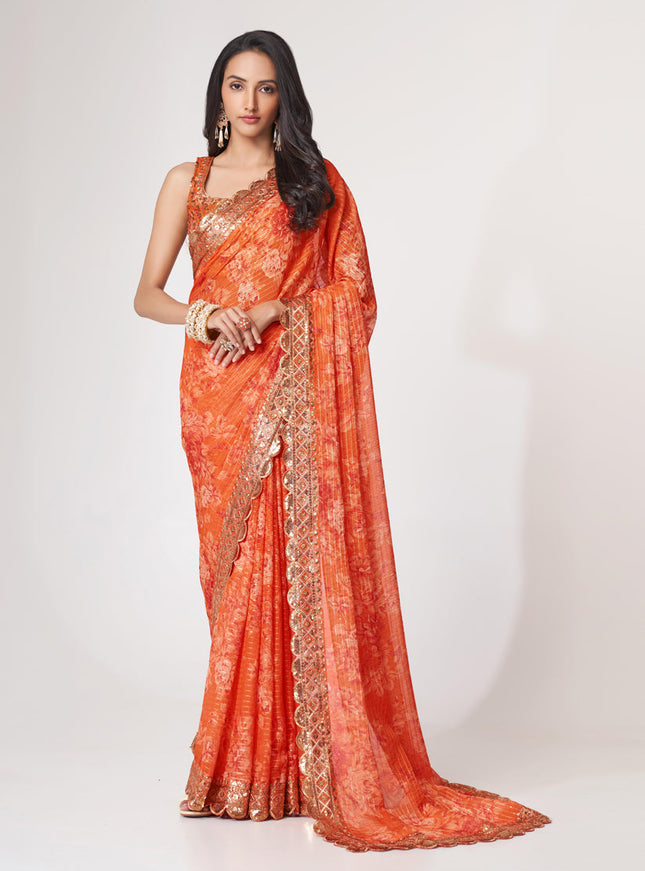 Adorable Tangy Orange Organza Sequins Saree