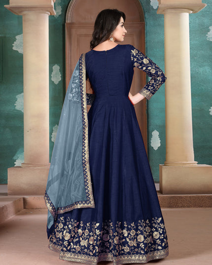 Charismatic Navy Blue Silk Slub Embroidered Anarkali Suit