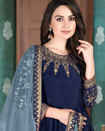 Charismatic Navy Blue Silk Slub Embroidered Anarkali Suit